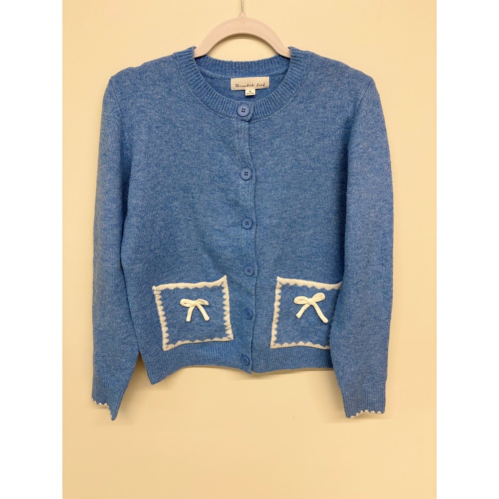 Coquette Grannycore Cardigan Bow Pockets Threaded Leaf Women M Blue Balletcore